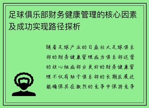 足球俱乐部财务健康管理的核心因素及成功实现路径探析
